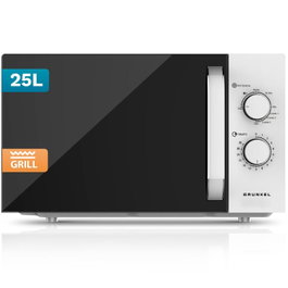 Grunkel MWG-25GRILL - Microondas con Grill 25 Litros, 850W Microondas + 1000W Grill, 5 Niveles Potencia, Función Descongelar, Temporizador 35 Min, Bandeja Cristal, Blanco